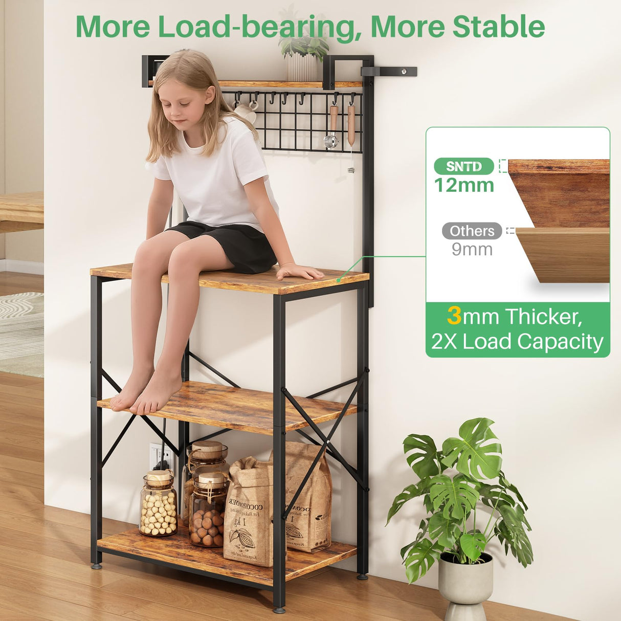 Bakers Rack with Power Outlet, Kitchen Shelves Microwave Stand with Wire Grid and 10 Hooks, 4 Tiers Coffee Stand (Rustic Brown, 23.5 x 15.6 x 52.8 Inches) SNTD