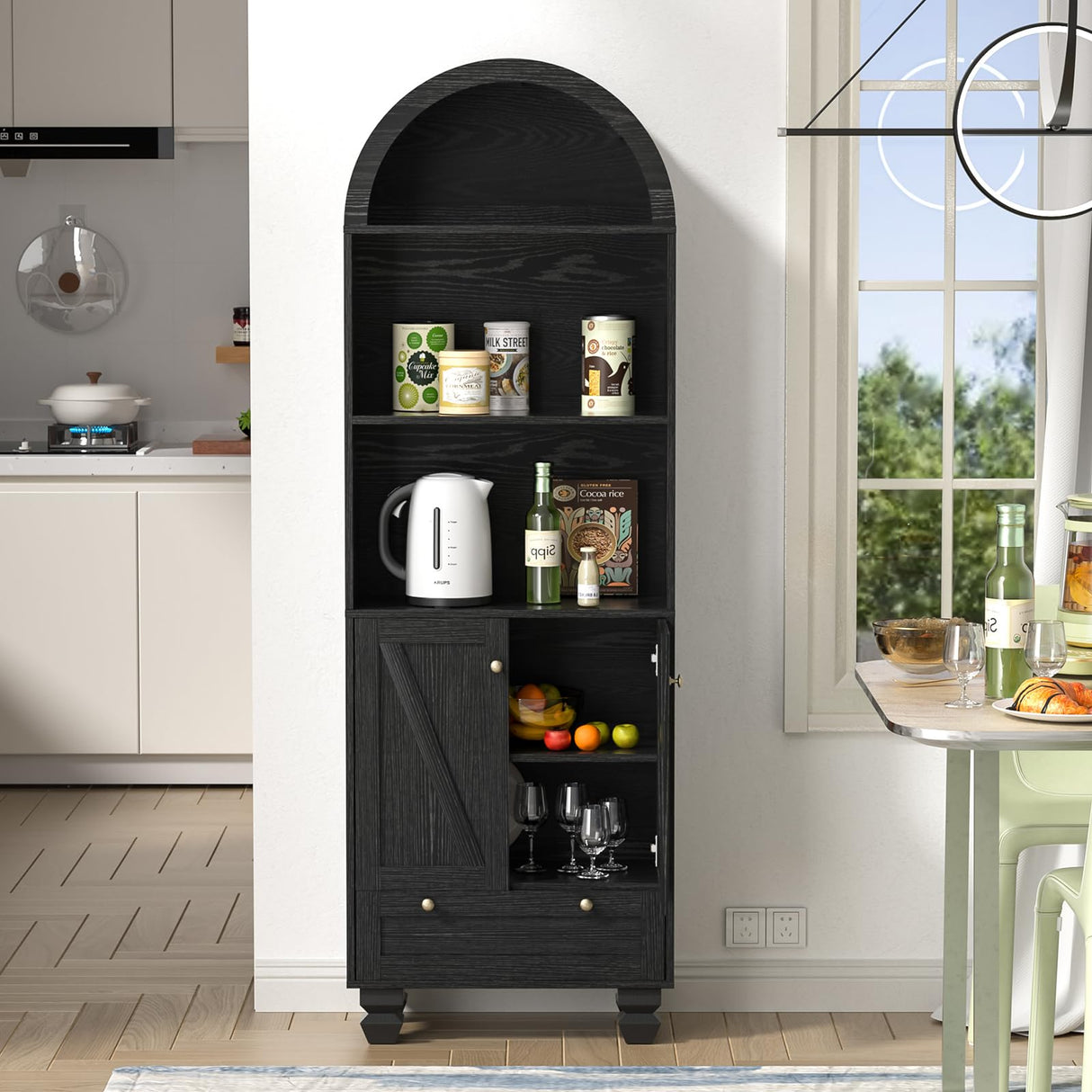 Giluta 71" Tall Arched Bookshelf Two Doors 5-Tier Storage Display Cabinet with Open Display Shelf & Drawer, Black Kitchen Pantry Cabinet for Living Room, Dining Room Giluta