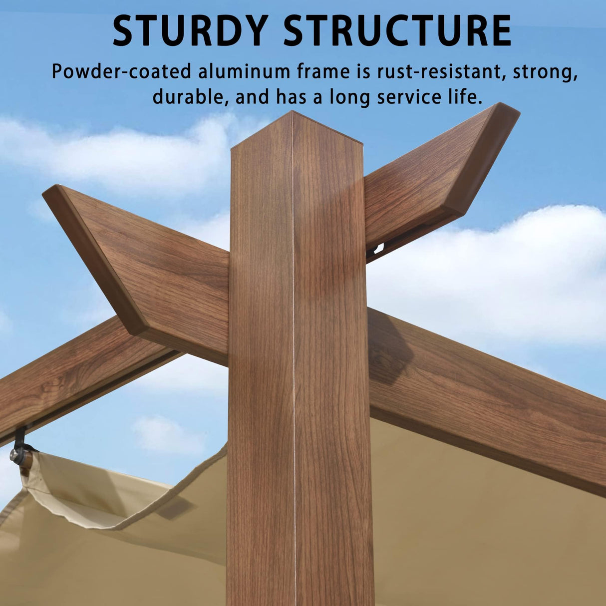 PURPLE LEAF 10' x 13' Outdoor Retractable Pergola with Sun Shade Canopy Patio Metal Shelter for Garden Porch Pavilion Natural Wood Grain Frame Modern Yard Grill Pergola with 24 LED String Lights Khaki PURPLE LEAF