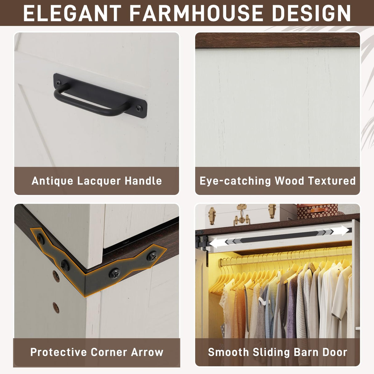 Farmhouse 3 Doors Armoire Wardrobe Closet w/Folding Sliding Barn Door and Lights, LED Armoire Closet w/Drawers for Bedroom, Freestanding Wooden Wardrobe Storage Closets w/Hanging Rod,Antique White jiteentarou