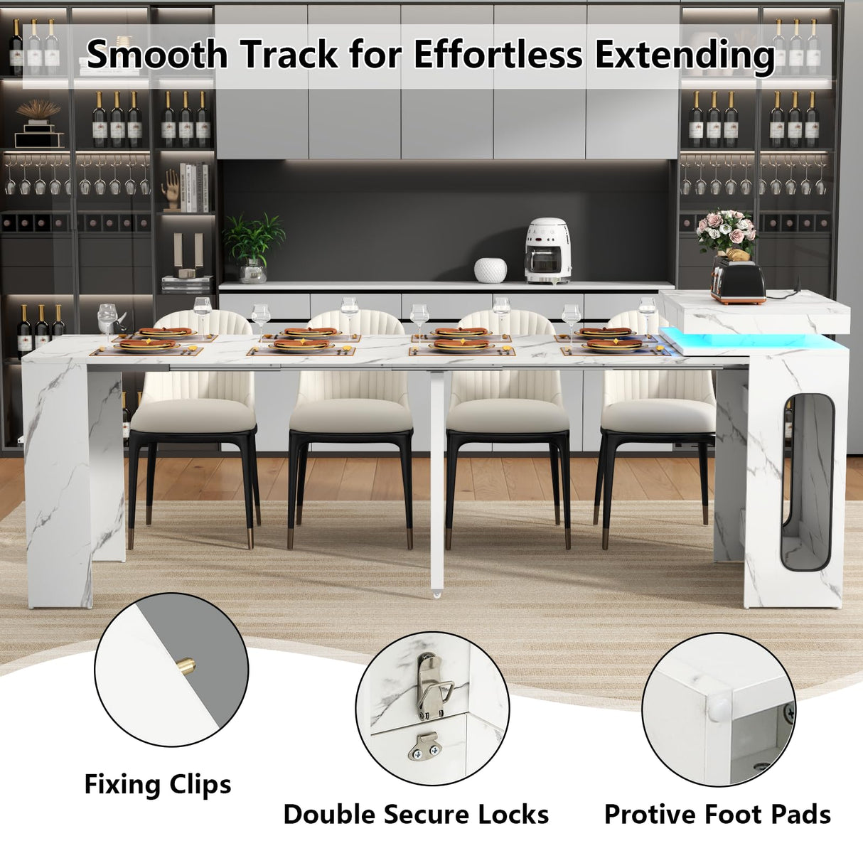 Extendable Dining Table with Charging Station & LED Lights, 19.7" to 98.4" White Faux Marble Dining Table, Rectangle Console Table for 2-8, Modern Space Saving Kitchen Island Table (No Chairs) Gyfimoie