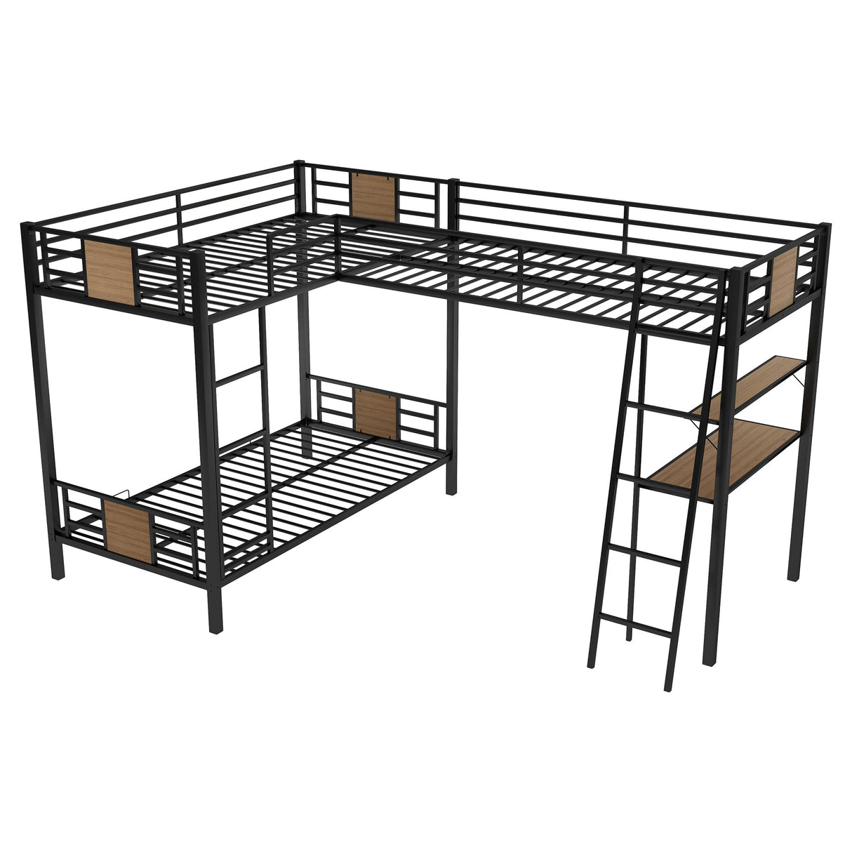 LUMISOL Twin Over Twin L-Shaped Bunk Bed with Bookcase & Desk, Heavy Duty Metal Triple Bunk Bed Frame for 3 People, No Box Spring Needed, Brown LUMISOL
