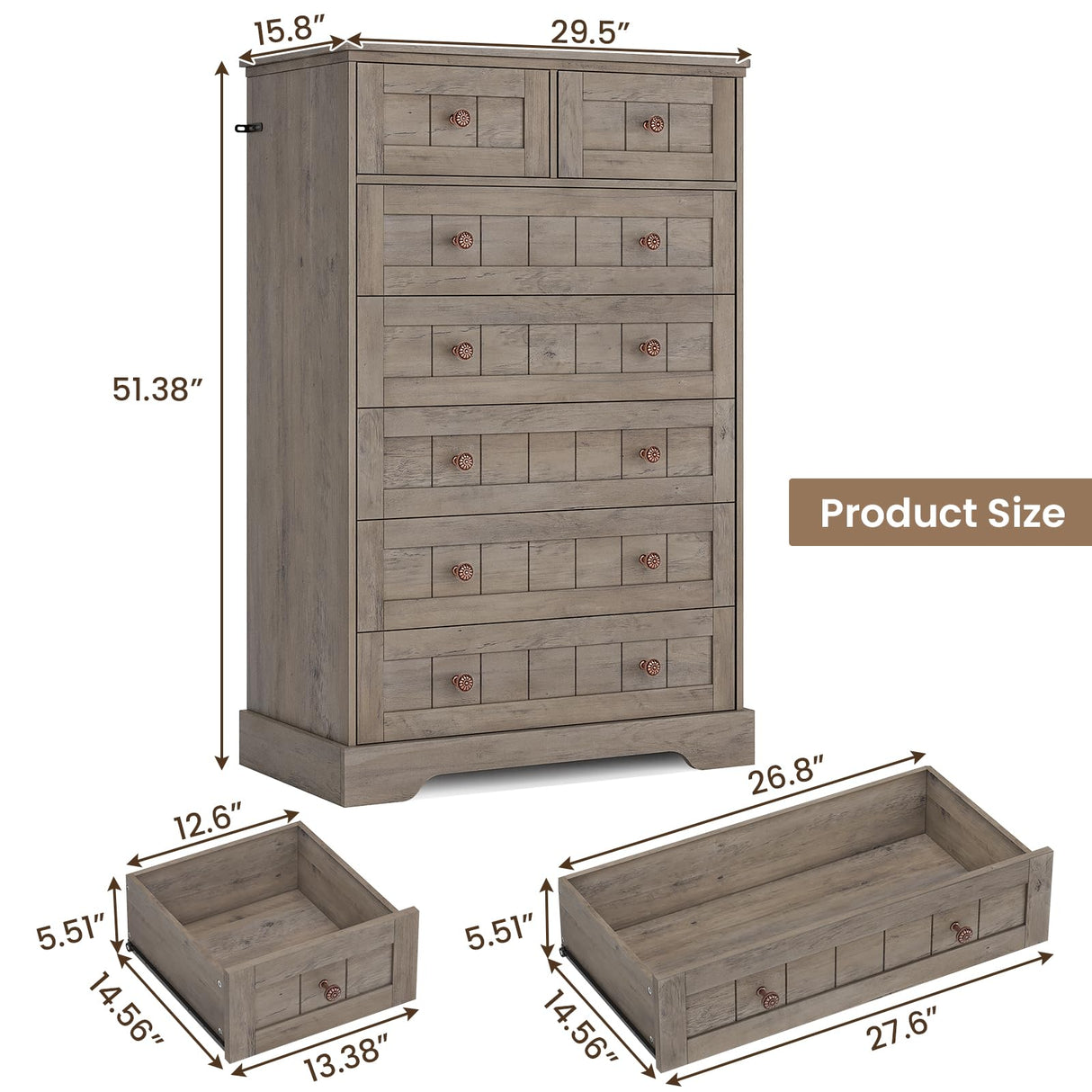 Hasuit Farmhouse Dresser for Bedroom, 7 Drawers Dresser, 51.4"Tall Dressers Chest of Drawers with Hand Carved Panel, Large Wood Closet Storage Organizer Rustic Dressers for Bedroom Living Room Hallway Hasuit