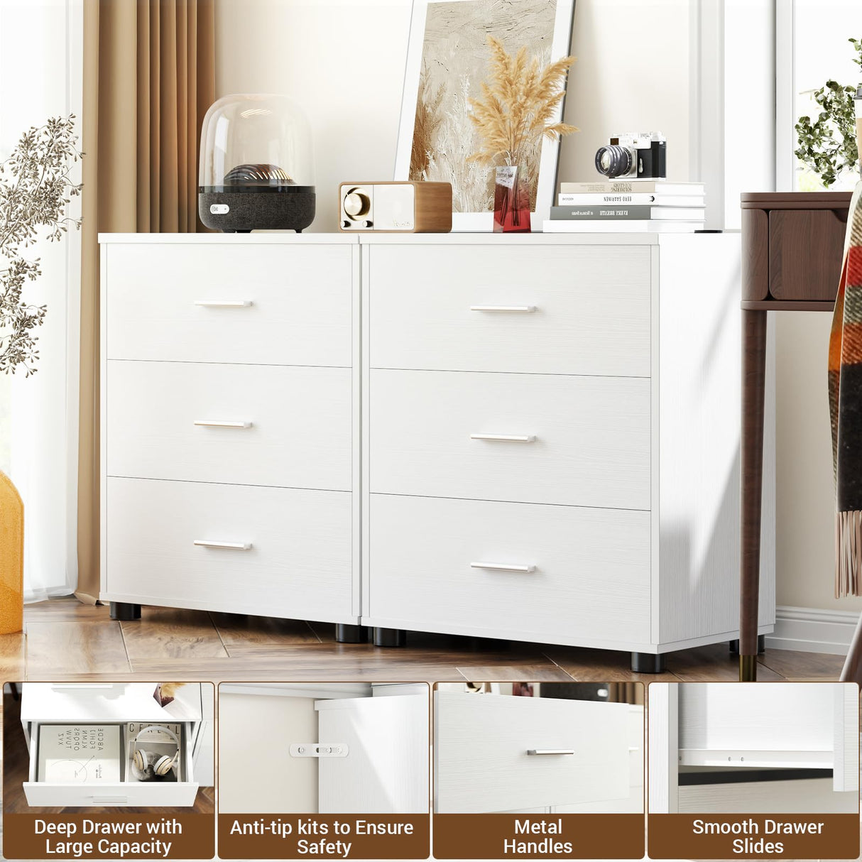 Aheaplus Closet Drawers Set of 2, Wood Closet Organizers and Storage with 3 Drawers, Closet Drawers Organizer System, Nightstands Bedside End Table with 3 Drawers Storage for Bedroom, White Aheaplus