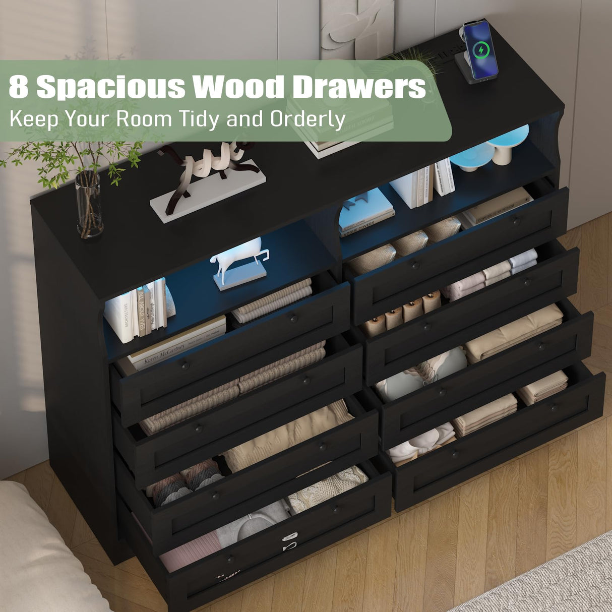 Black Dresser for Bedroom with 8 Drawers, 55 Inch Tall Wood Bedroom Dresser with Charging Station & LED Lights, Large Modern Dressers & Chest of Drawers for Bedrooms, Living Room, Hallway, Entryway Patikuin