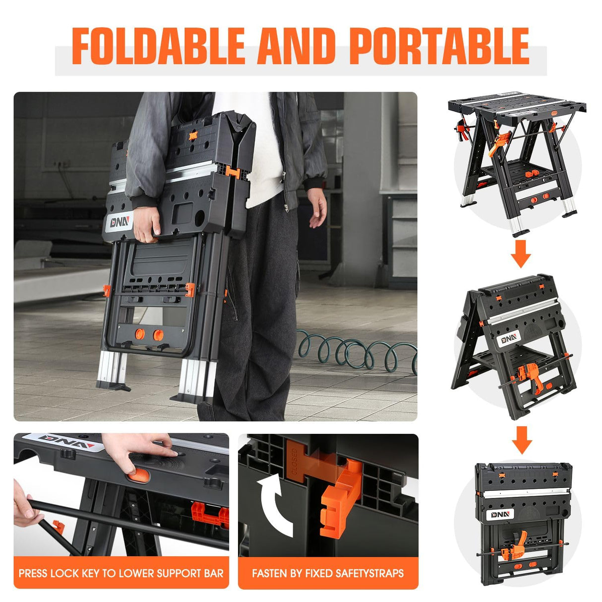 DNA MOTORING 2 in 1 Portable Workbench, Heavy-Duty Load Capacity Folding Table & Sawhorse, 31" Lx 25" W Lightweight Design Folding Work Table, w/ 2pcs Clamps, TOOLS-00712 DNA MOTORING