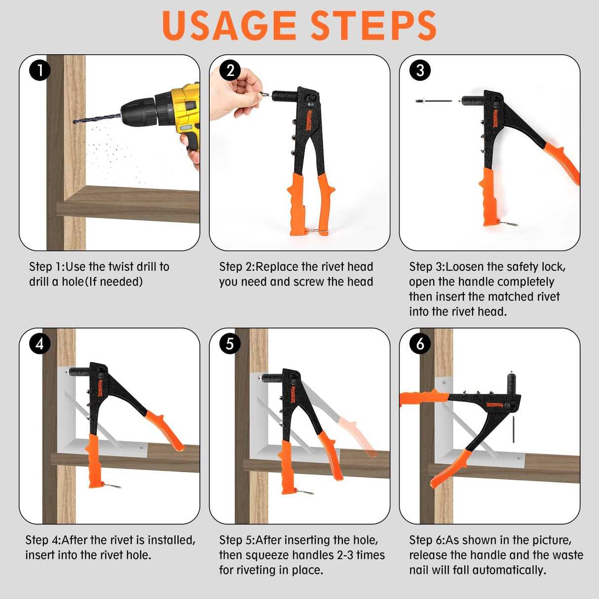 Meiwaltee Rivet gun,Professional Pop Rivet Gun Kit with 200Pcs Rivets, 3/32"-1/8"-5/32"-3/16", Heavy Hand Riveter kit Suitable for Metal work, Gutter, Automotive and other common DIY projects Meiwaltee