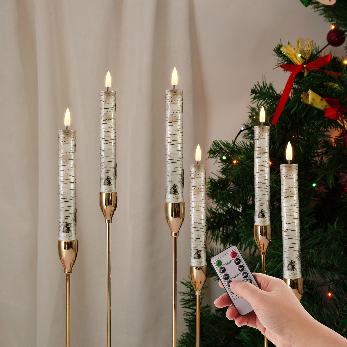 Eywamage Short Birch Bark Flameless Taper Candles with Remote, Flickering Wood LED Wax Candlesticks Set of 6 Eywamage