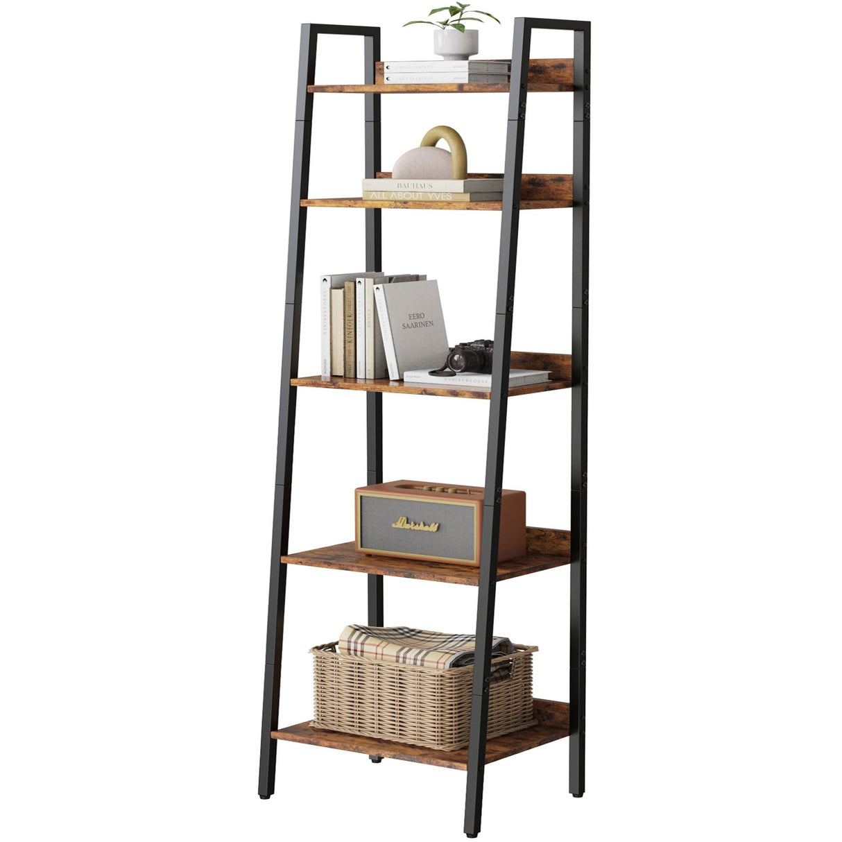 Bookshelf, Ladder Shelf with Steel Frame, 5-Tier Industrial Bookcase, Narrow Tiered Shelf for Small Space, Corner Shelf for Living Room, Home Office, Kitchen, Bedroom, Bathroom(Rustic Brown & Black) Homedawn