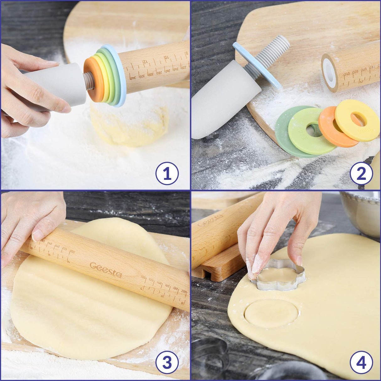 Geesta Adjustable Wood Rolling Pin with 5 Thickness Rings, Precise Dough Roller Handle Press Design with Measurement Guide for Baking Fondant, Pie Crust, Cookie, Pastry - Baking Essential Geesta