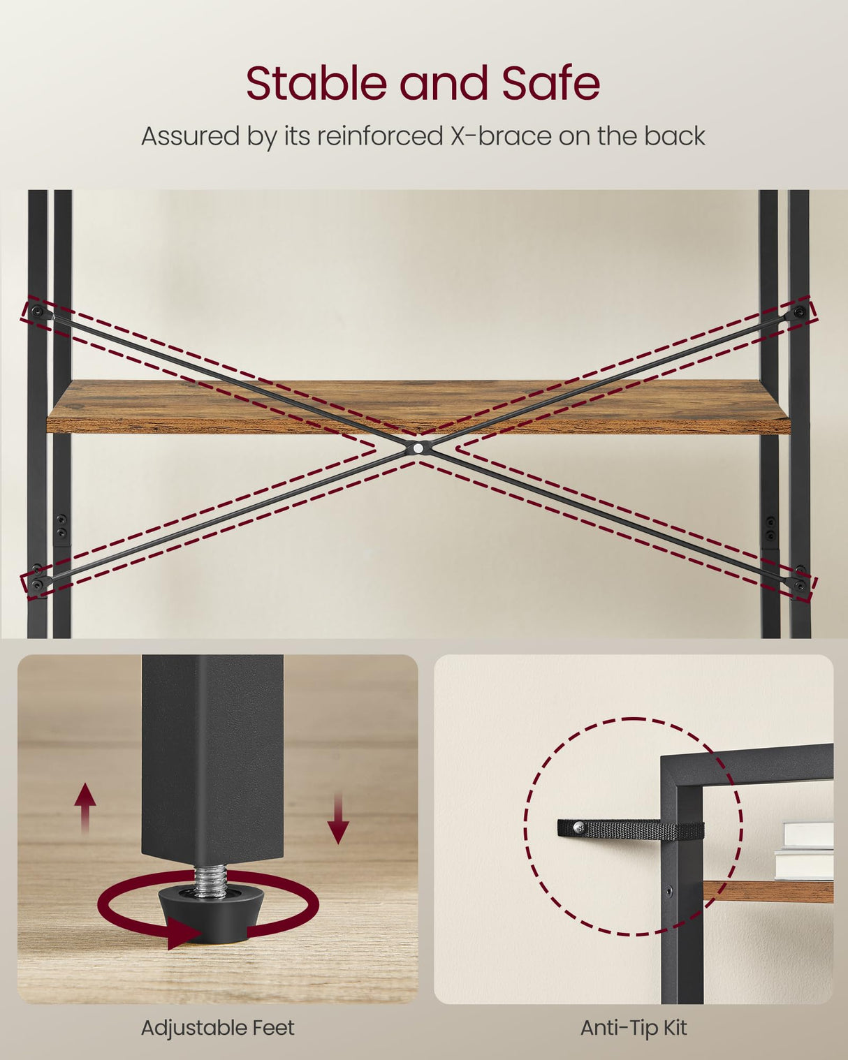 VASAGLE 4-Tier Tall Bookshelf, Large Bookcase with Steel Frame, Deep Book Shelf for Living Room, Home Office, Study, 11.8 x 31.5 x 47 Inches, Industrial Style, Honey Brown and Black ULLS140K01