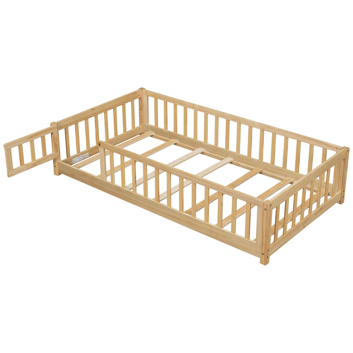 PVWIIK Montessori Twin Size Floor Bed Frame with Convertible Door,Wood Slats for Kids,Wood Montessori Bed w/Safety Guardrails for Girls & Boys,Natural PVWIIK