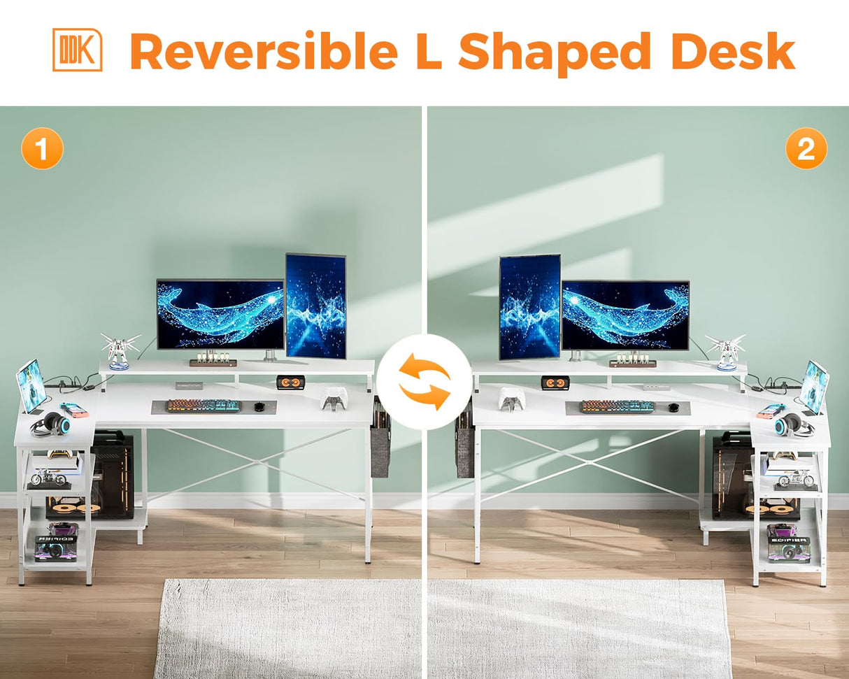 ODK 58 Inch L-Shaped Gaming Desk with LED Lights, USB Charging Ports, and Storage Solutions in Pure White ODK