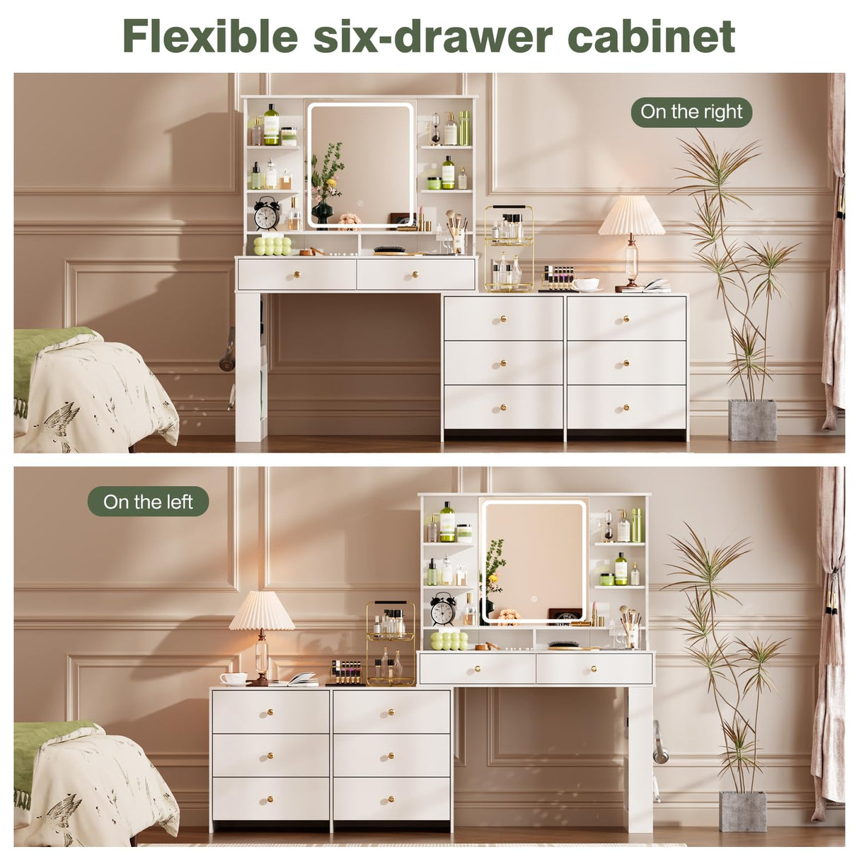 YYJ 74.8''Makeup Vanity Desk with Large Mirror and Lights&Charging Station,Modern Corner Vanity Table with 8 Storage Drawers and Shelves,Dressing Table with nightstand,Makeup Table for Bedroom,White YYJ