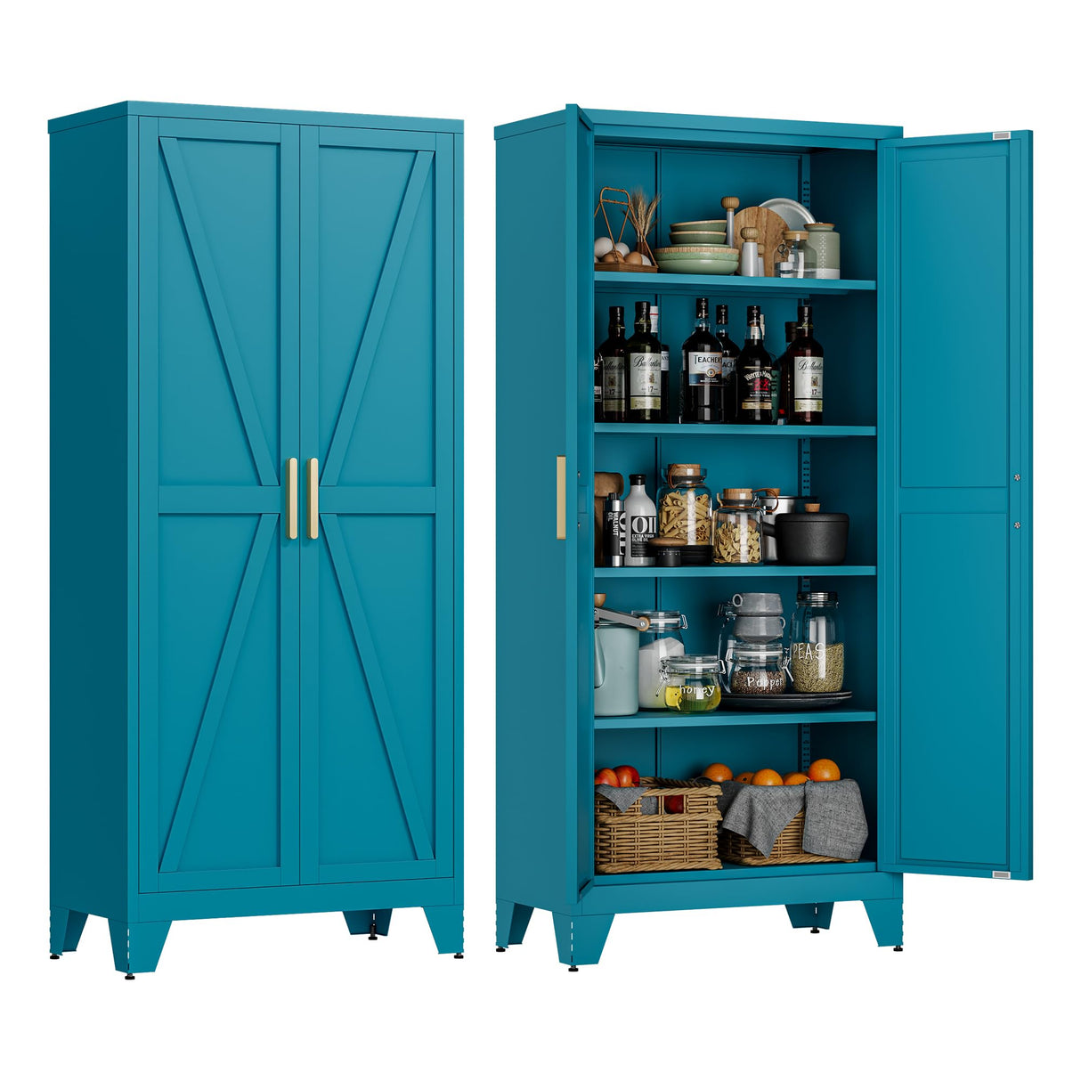 LCAOPC 71" Tall Metal Storage Cabinet with 2 Doors and 4 Adjustable Shelves, 5-Tier Kitchen Pantry Storage Cabinet for Kitchen, Living Room, Dining Room and Office, Blue LCAOPC