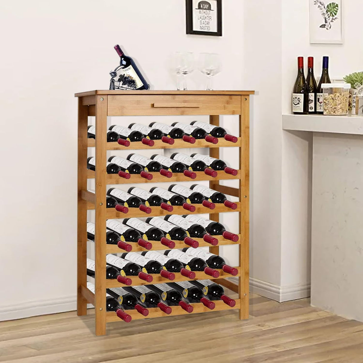 Kinsuite Bamboo Wine Rack Modular Wine Storage Holder Display Shelves for Storing Bottles at Home 36 Bottle Wine Rack Free Standing Floor 6 Shelves with Drawer Kinsuite