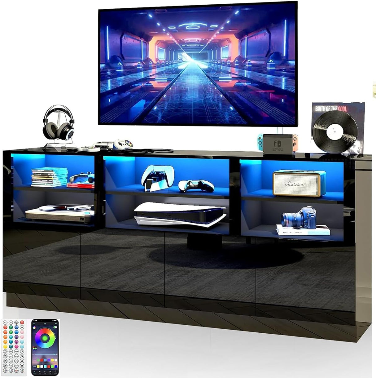 Bolonbi 70 Inch LED TV Stand for 75/80/85 Inch TV,Modern Gaming Entertainment Center with Storage Shelves and Doors,High Gloss TV Media Console for Living Room,RGB LED Lights,Black Bolonbi