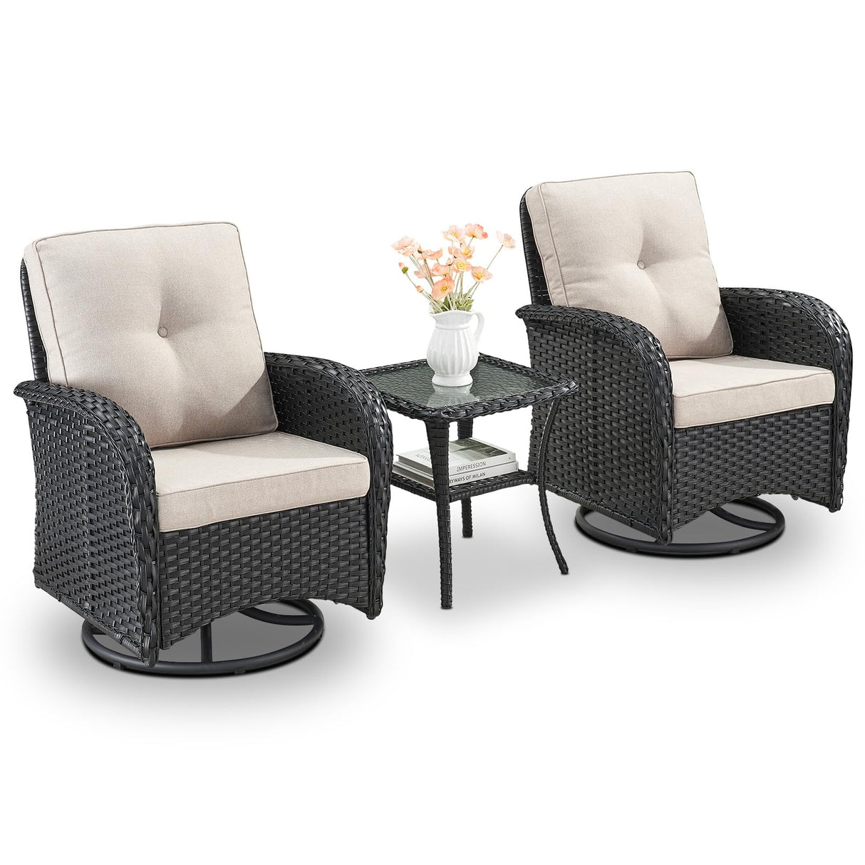 Artfurniz Outdoor Swivel Glider Rocker Chairs - 3 Piece Patio Furniture Set, Patio Bistro Sets with Tempered Glass Side Table, for Balcony, Porch - Black Wicker, Beige Cushion Artfurniz