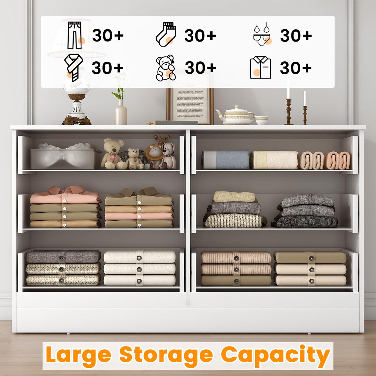 Bigbiglife Wood Dresser for Bedroom, 6 Drawer Double Dresser, Modern Chest of Drawers with Deep Drawers, Large Storage Organizer for Living Room, Closet,15.8" D x 47.2" W x 27.7" H (White) Bigbiglife