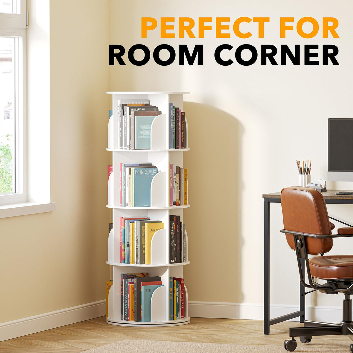 SpaceAid 4-Tier White Rotating Bookshelf Tower - Spinning Lazy Susan Bookcase Organizer SpaceAid