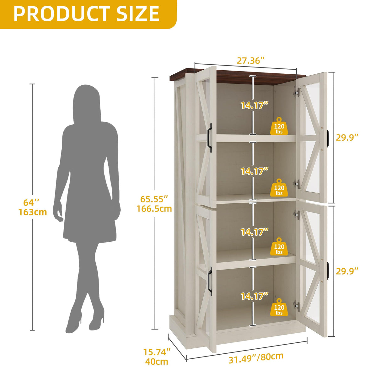 DWVO 66" Storage Cabinet, Tall Bookshelf Display Cabinet, 4 Shelves Curio Cabinet with Tempered Glass Doors, Trophy Display Case for Living Room and Dinning Room, White DWVO