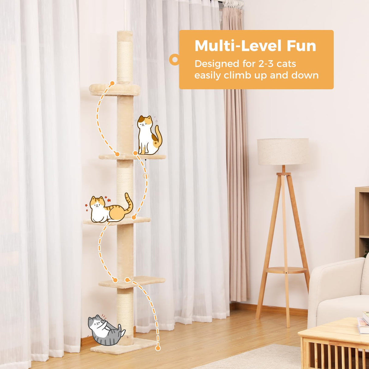 PETEPELA Floor to Ceiling Cat Tree, Cat Tower 5-Tier Height(95-107 Inches) Adjustable, Tall Cat Climbing Tree Featuring with Scratching Post, Cozy Bed,Interactive Ball Toy for Indoor Cats/Kitten Beige PETEPELA