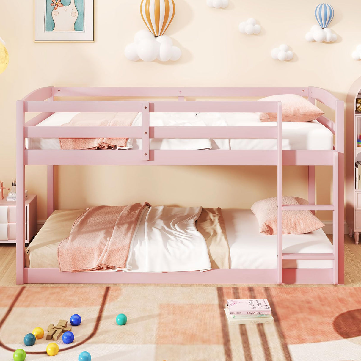 Giantex Twin Low Bunk Bed, Solid Wood Twin Over Twin Bunk Bed Frame with Full Guardrails & Integrated Ladder, Floor Twin Bunk Beds for Kids Boys and Girls, No Box Spring Needed (Pink) Giantex