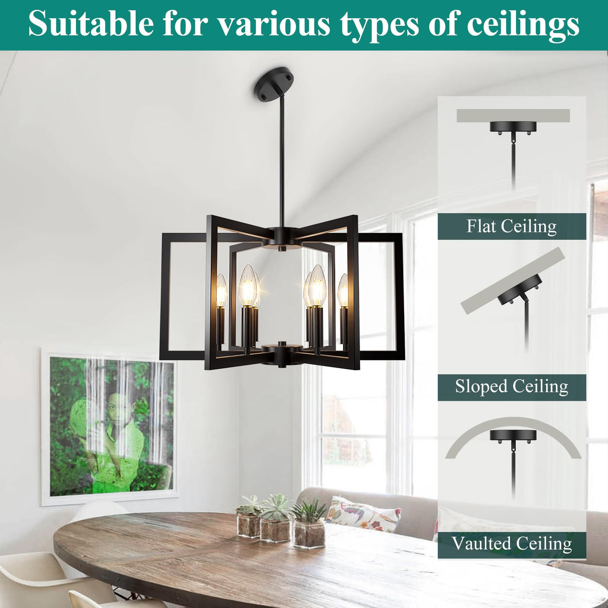 6-Light Black Chandelier, Farmhouse Dining Room Light Fixture, Large Modern Chandelier, Geometric Industrial Metal Hang Lighting Fixture for Foyer Entryway Kitchen Over Table Hallway Living Room Bairth