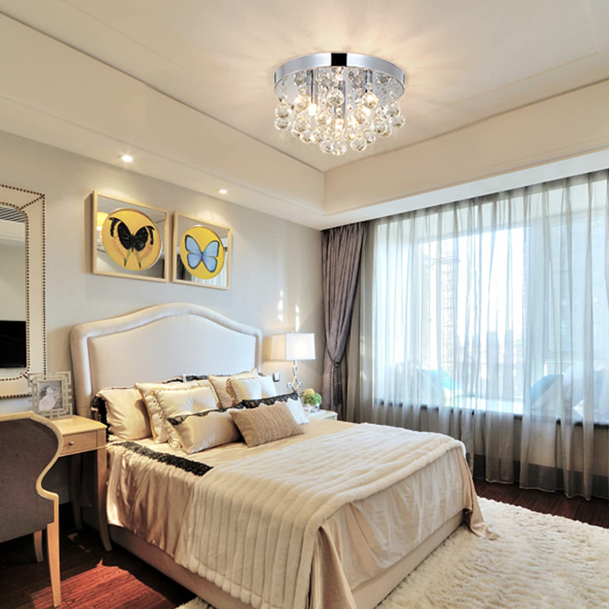 TISLYCO Modern Round Crystal Chandelier Ceiling Light,3 Light Crystal Flush Mount Small Chandelier, Silver Modern Ceiling Lamps Raindrop Chandelier Crystal Light Fixture for Bedroom, Hallway TISLYCO