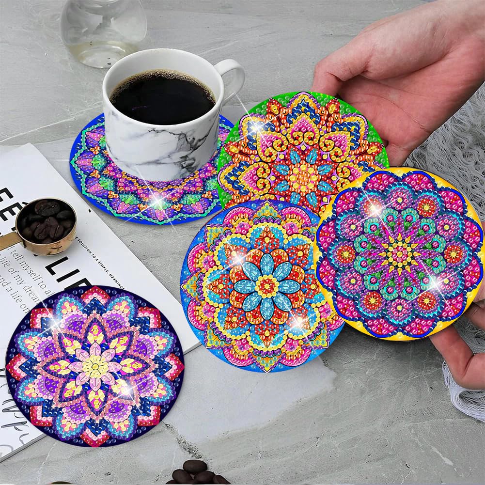 ijbnhd Mandala Diamond Painting Coasters Kit with Holder, DIY Diamond Art Coasters Cork Wooden Pad Board Double Layer is Strong and Wear-Resistant for Beginners Adults Art Craft Supplies Gift 4X4IN ijbnhd
