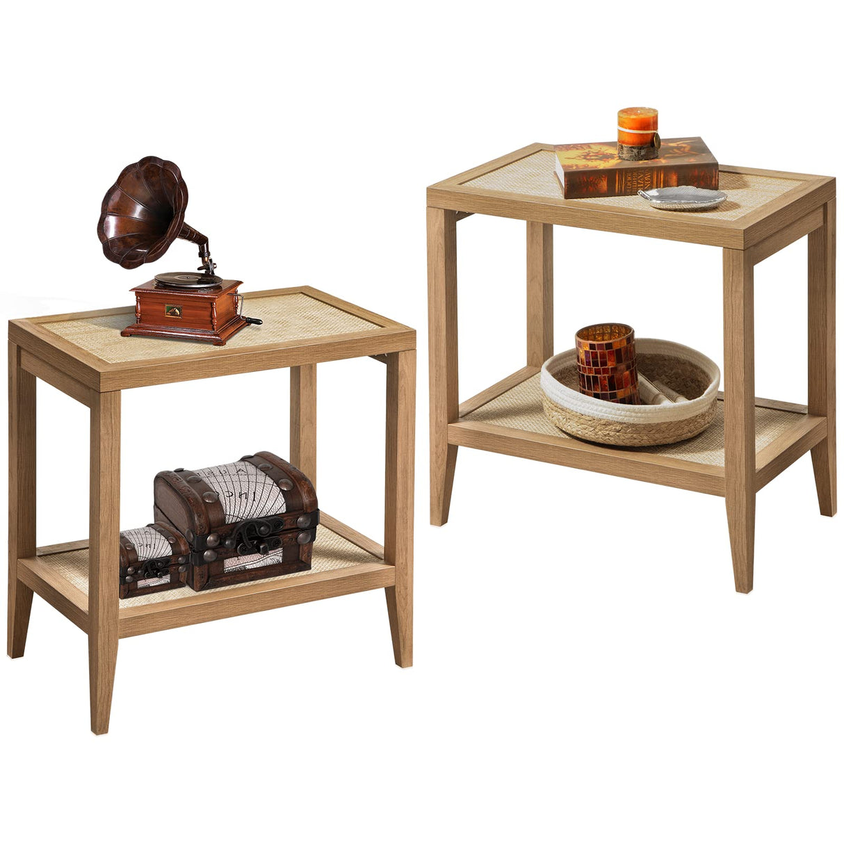 SICOTAS Rattan Nightstands Set of 2 Bedside Table - Boho Narrow End Table Living Room Set of 2 Side Table with Rattan Storage Shelves for Small Space SICOTAS