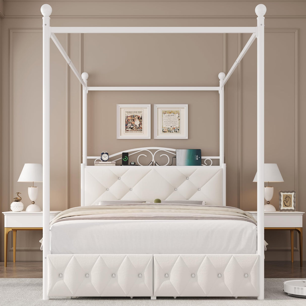 Full Upholstered Canopy Bed Frame with 2 Drawers & Crystal Tufted Storage Headboard Metal Platform Bed with Charging Station & 4 Removable Posts No Box Spring Needed Curtain Not Included, Beige Keyluv
