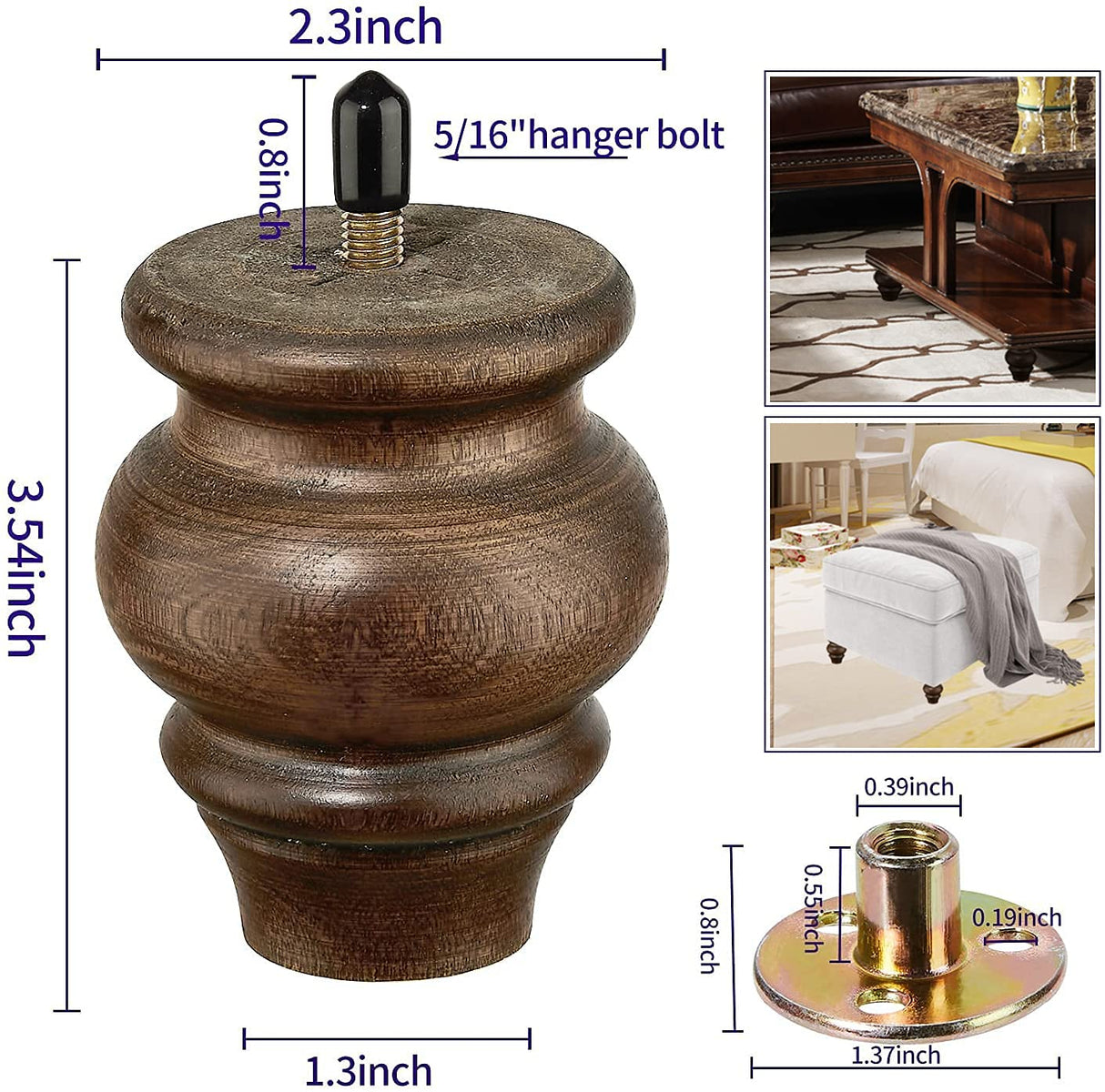 SHANJUE Wood Furniture Legs 3.5 inch Sofa Legs Set of 4 Round Brown Couch feet Sofa Replacement Parts for cabinets Armchair Recliner Coffee Table SHANJUE