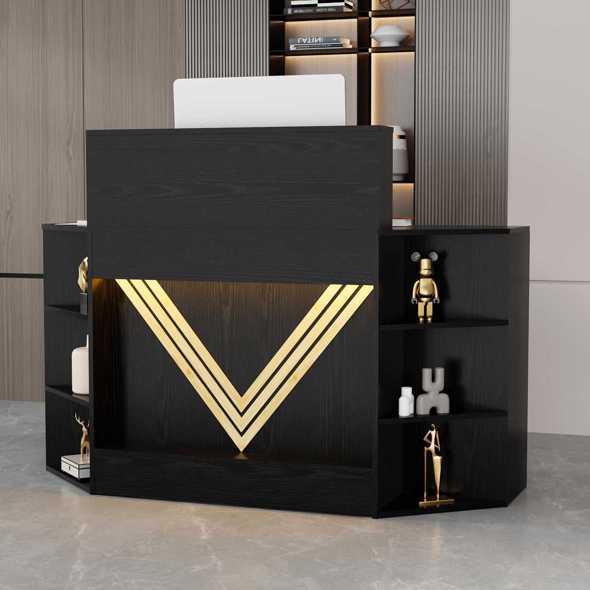 VOWNER 39.3" H Modern Reception Desk with LED Lighting, Office Counter with Display Cabinet, Secretary Desk with Power Outlets – Front Desk for Salon, Lobby – White (55.1" W x 21.2" D x 39.3" H) VOWNER