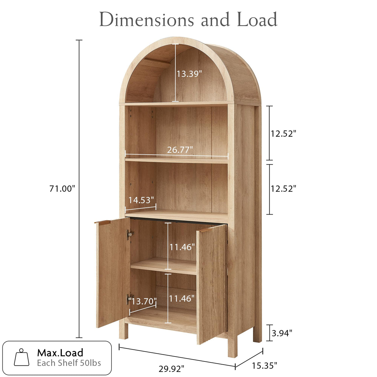 WINWY Arched Cabinet Bookshelf Bookcase - 71” Tall Mid Century Arched Display Cabinets, Rounded Bookshelf with Fluted Doors, Open Shelf Storage Cabinet for Dining Room (Natural) WINWY