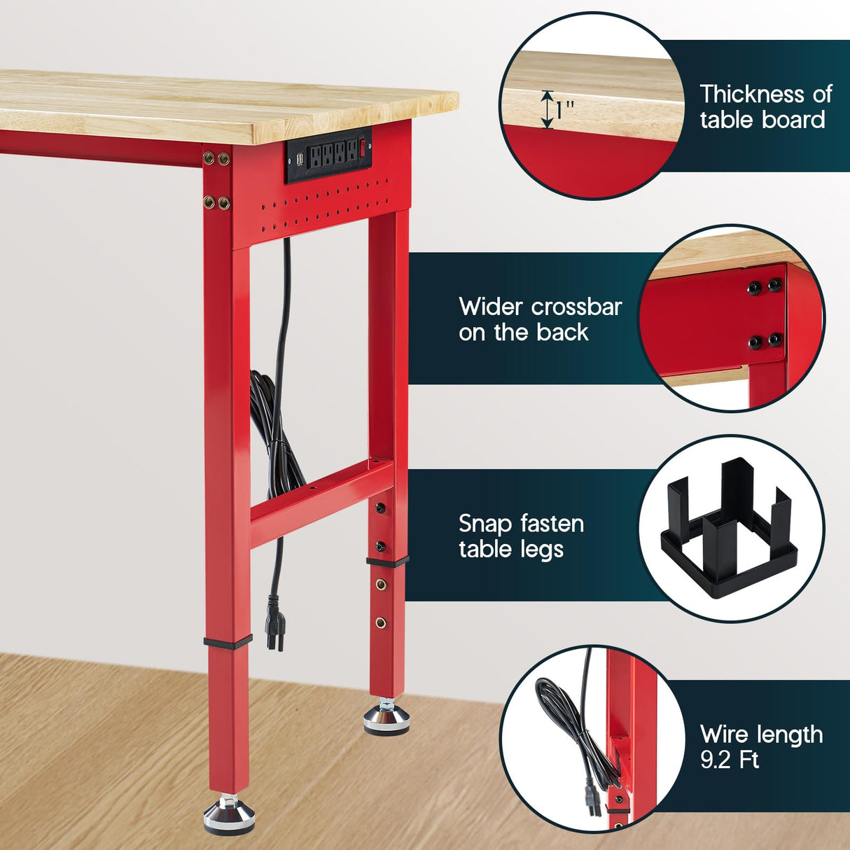 Albott Adjustable Workbench, 28.7-38.6" Height, Rubber Wood Top, Heavy-Duty Design with Power Outlets & Hooks, 2000 LB Capacity for Garage, Workshop, Home, or Office,Red Albott