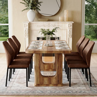 Rejeke 64.5" Dining Room Table Set for 6, Modern Farmhouse Wood Dining Table Set with Decorative Pedestal Legs & 6 Cushioned Chairs,Rustic Brown Kitchen Table Set for Kitchen, Easy Assembly