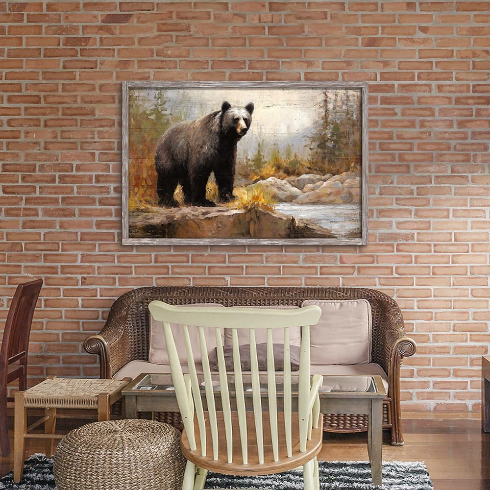 Framed Bear Picture Wall Art: Large Wild Animal Prints Woodland Wildlife Artwork Rustic Farmhouse Wood Painting for Living Room Bedroom old barn