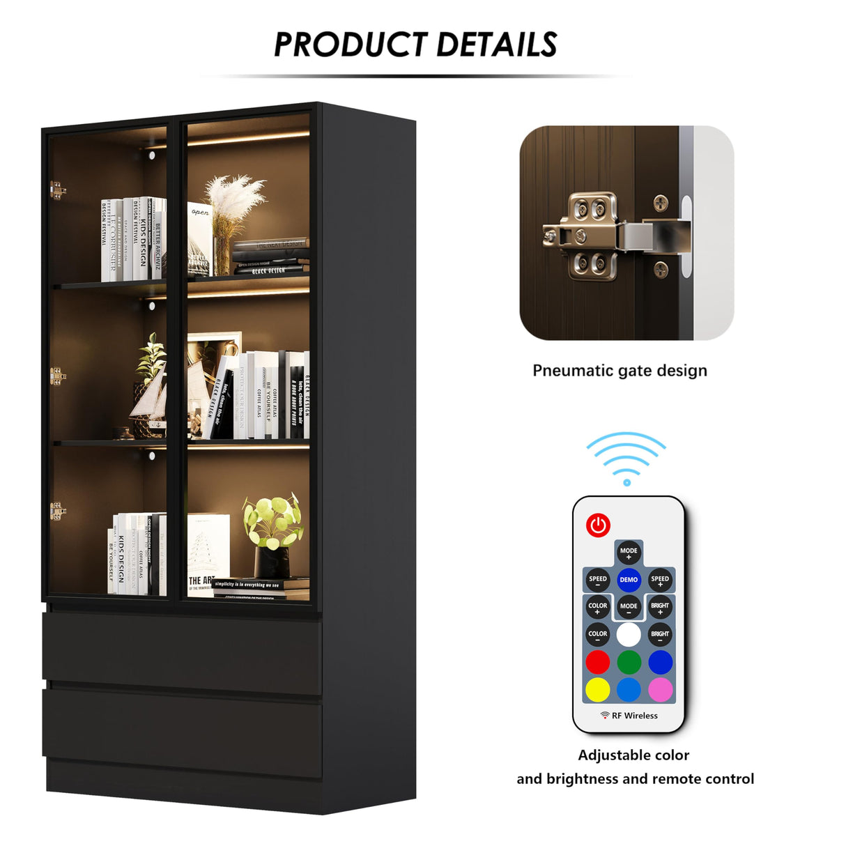 Wildhome Display Cabinet with Glass Doors & 2 Drawers,LED Lights Glass Display Case,Showcase for Collections, Curio Cabinets, Bookcase and Glassdoor Display Cabinet(Black- 2 Drawers) Wildhome