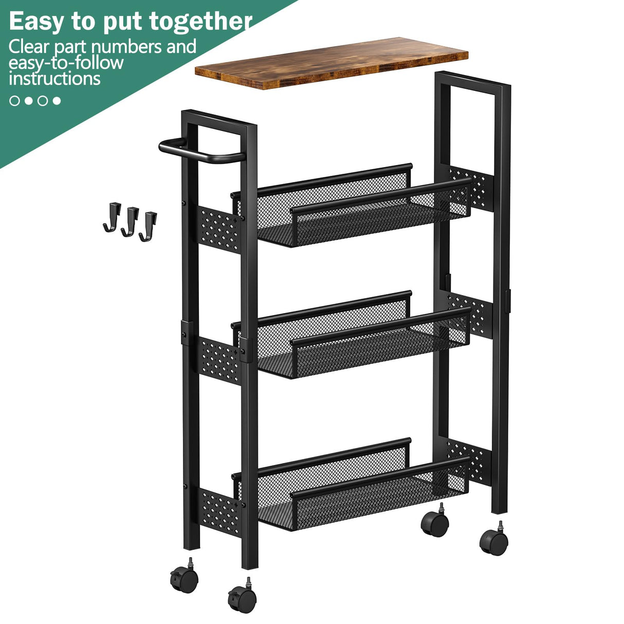 Vivihomety Utility Slim Storage Cart with Wheels, 4 Tier Small Rolling Cart with Wood Top, Metal Kitchen Bathroom Laundry Room Organization Trolley with Handle for Narrow Space – Black Vivihomety