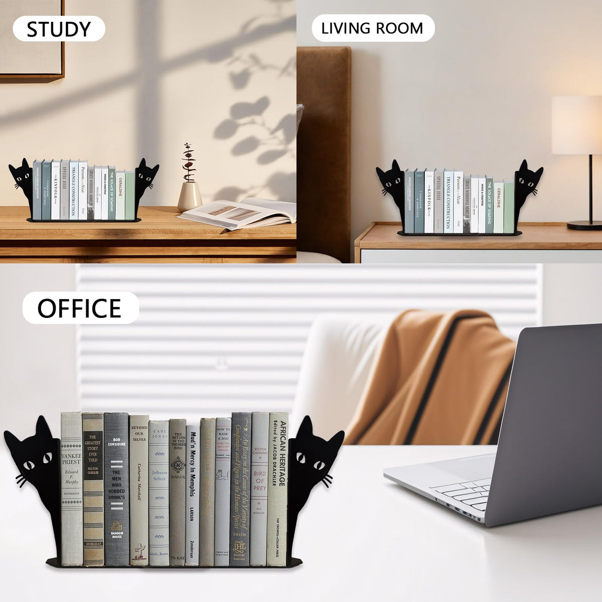 Book Ends, Black Cat Metal Bookends for Shelves Decorative with Non-Slip Bottom, Cute Bookshelf Decor, Book Ends for Shelves, Decorative Objects, Unique Bookends MHLLGN