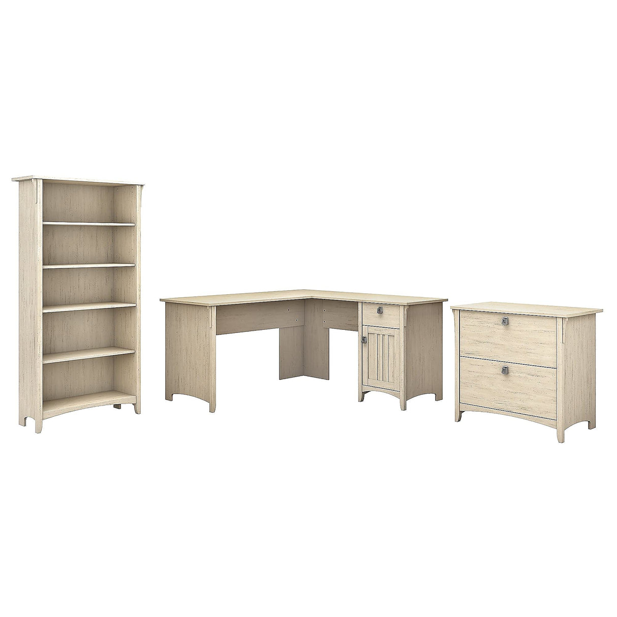 Bush Business Furniture Salinas 60W L Shaped Desk with File Cabinet and 5 Shelf Bookcase in Antique White Bush Business Furniture