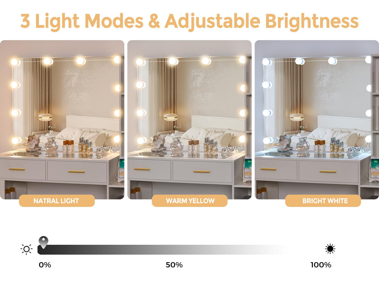 BEWISHOME White Vanity Desk with Mirror and Lights,Vanity with Glass Top,Makeup Vanity Set Makeup Desk Dressing Table,Vanity Table with Charging Station,Drawers,Nightstand,Makeup Table Vanity FST28W BEWISHOME