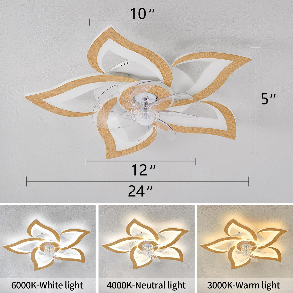 Dalouguan Geometric Ceiling Fan with Lights Remote Control, Wooden Ceiling Fan with Light, 3 Light Color 6 Speeds Low Profile Flush Mount Ceiling Fan for Kitchen Bedroom Living Room Dalouguan