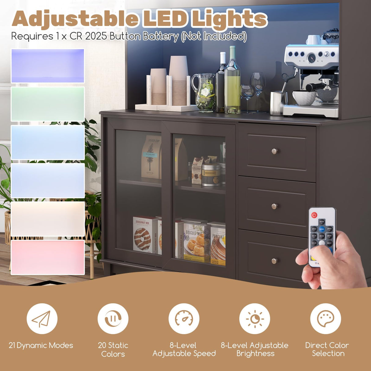 Giantex 73" Kitchen Pantry Storage Cabinet, Hutch Cabinet with LED Lights & Power Outlet, Kitchen Buffet Cabinet w/Wine Glass Racks, Countertop, Adjustable Shelves, Drawers for Dining Room (Espresso) Giantex