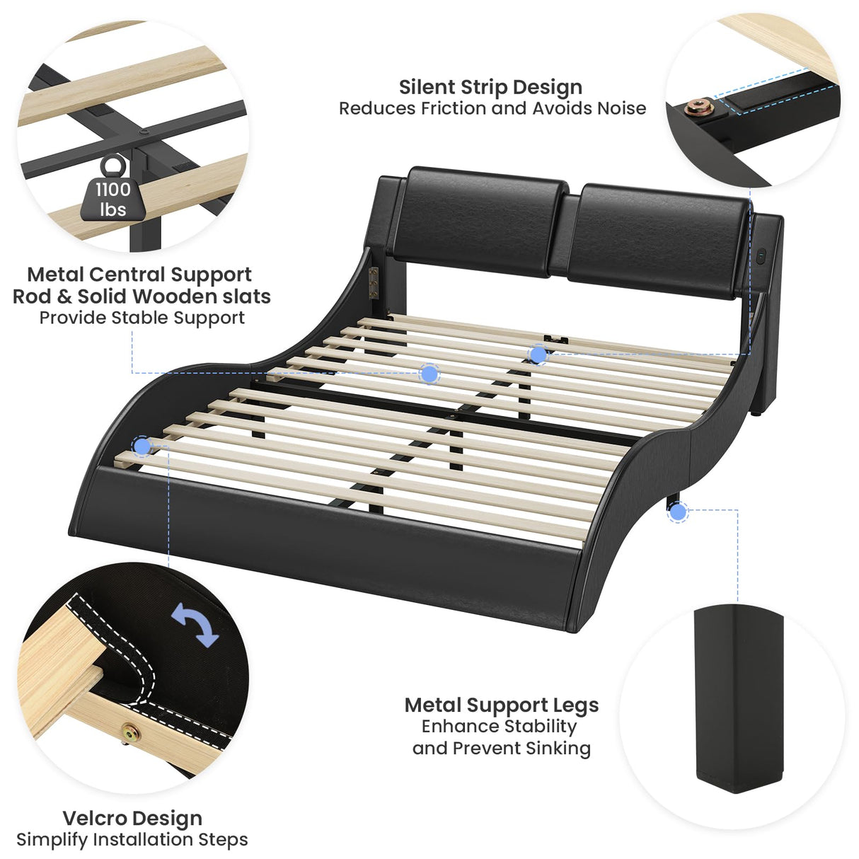 DICTAC Queen Bed Frame with Led Lights and Charging Ports Modern Faux Leather Upholstered Queen Size Platform Bed with Headboard Wave Like Curve Low Profile Bed,Wood Slats Support,Easy Assembly,Black DICTAC