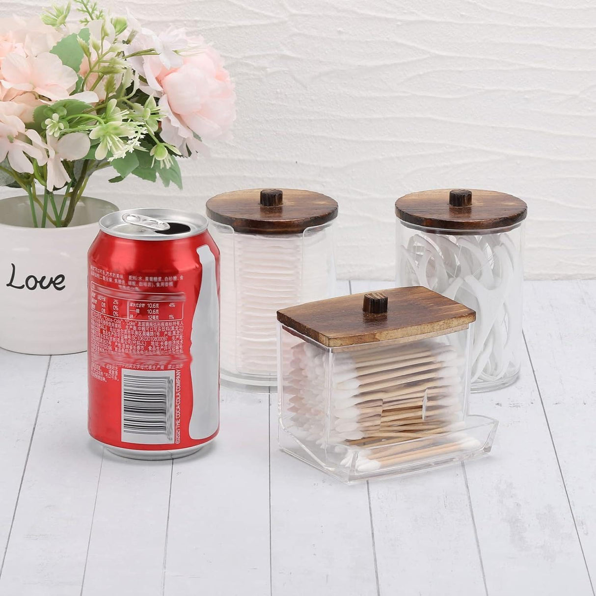 Tbestmax Bathroom Organizer Accessories Set-10 OZ,7 OZ Qtips Holder Storage with Wood Lids, Cotton Ball/Swabs Dispenser, Apothecary Container Jar 3 Pcs Tbestmax