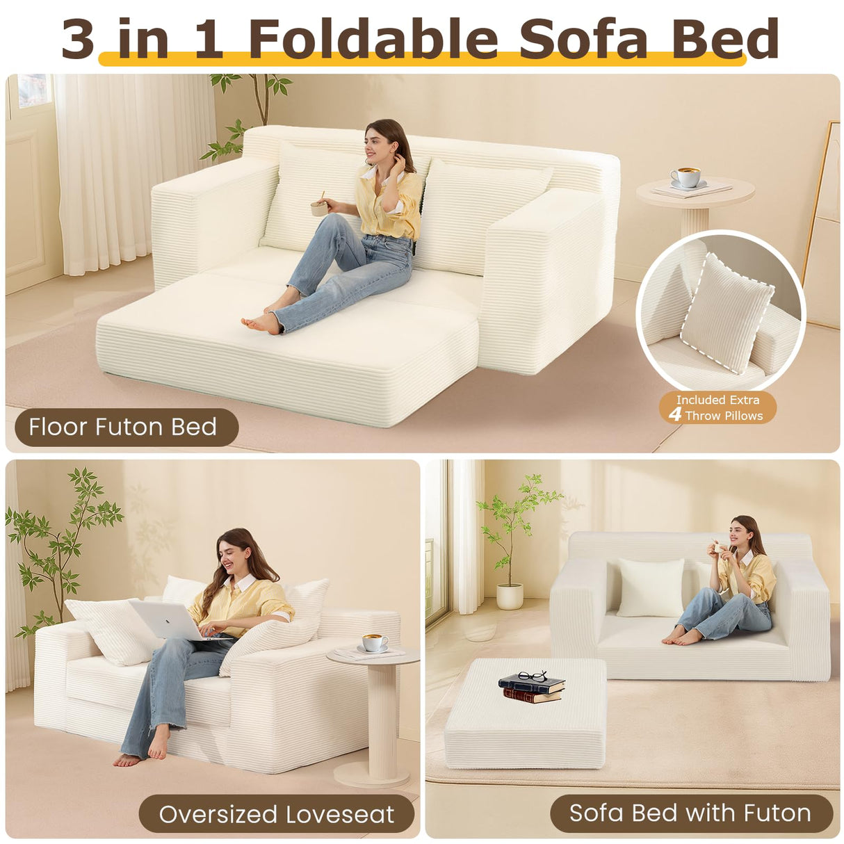 Convertible Sofa Bed, 3 in 1 Loveseat Folding Couch Bed Foldable - Chaise Lounge Chair & Floor Futon Sleeper, Corduroy Pull Out Sofa Bed with 4 Pillows for Living Room, Beige cidludto