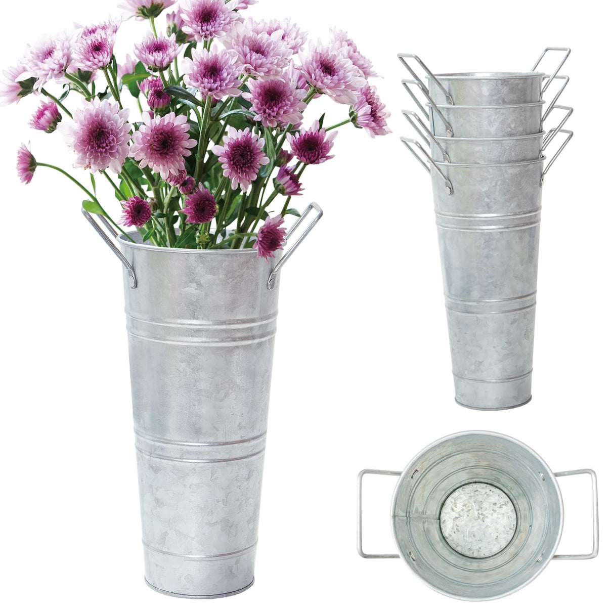 Notakia Galvanized Metal Vases Farmhouse French Flower Bucket Vases for Cut Flowers for Home Decor and Wedding Table Centerpiece Decorations (9.05in Silver 4Pcs) Notakia