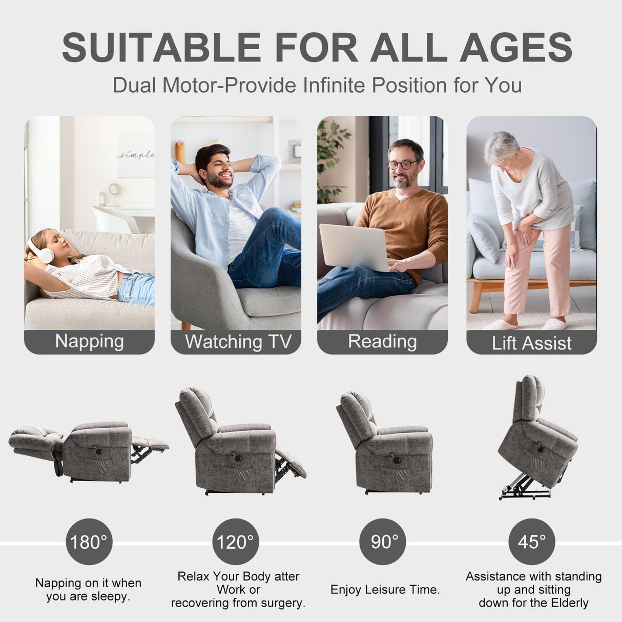 CDCASA Dual Motor Lay Flat Lift Chairs Recliners for Elderly with Massage and Heat, Breathable Leather Infinite Position Large Sleeping Electric Power Lift Chair Recliner for Seniors, Grey CDCASA